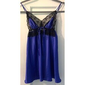 Victoria Secret Y2K Babydoll Coquette Chemise Blue Black Lace Slip VTG Cami Med